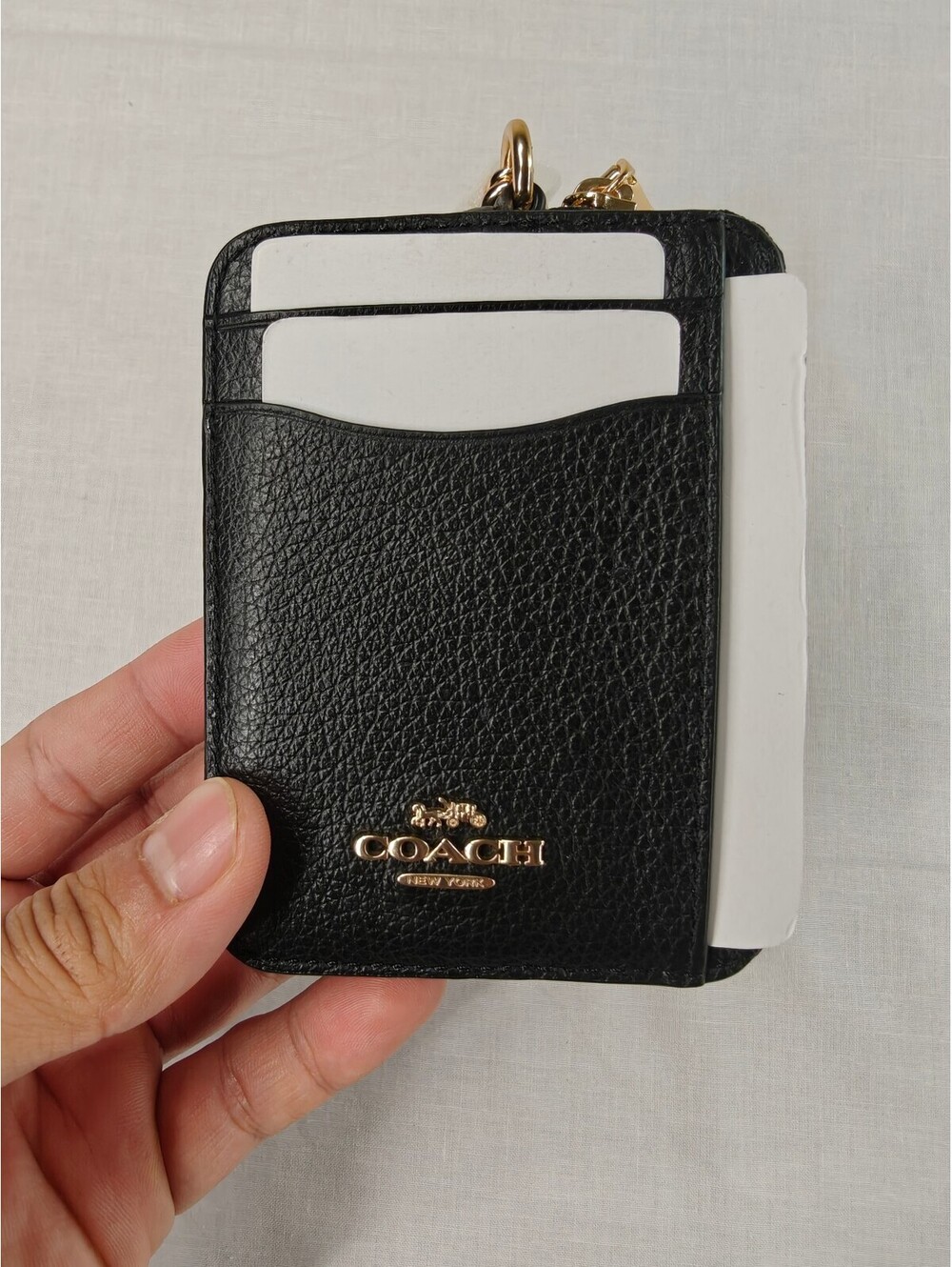 Coach Zip Card Case Black Pebble Leather ID Holder Wallet Gold Hardware